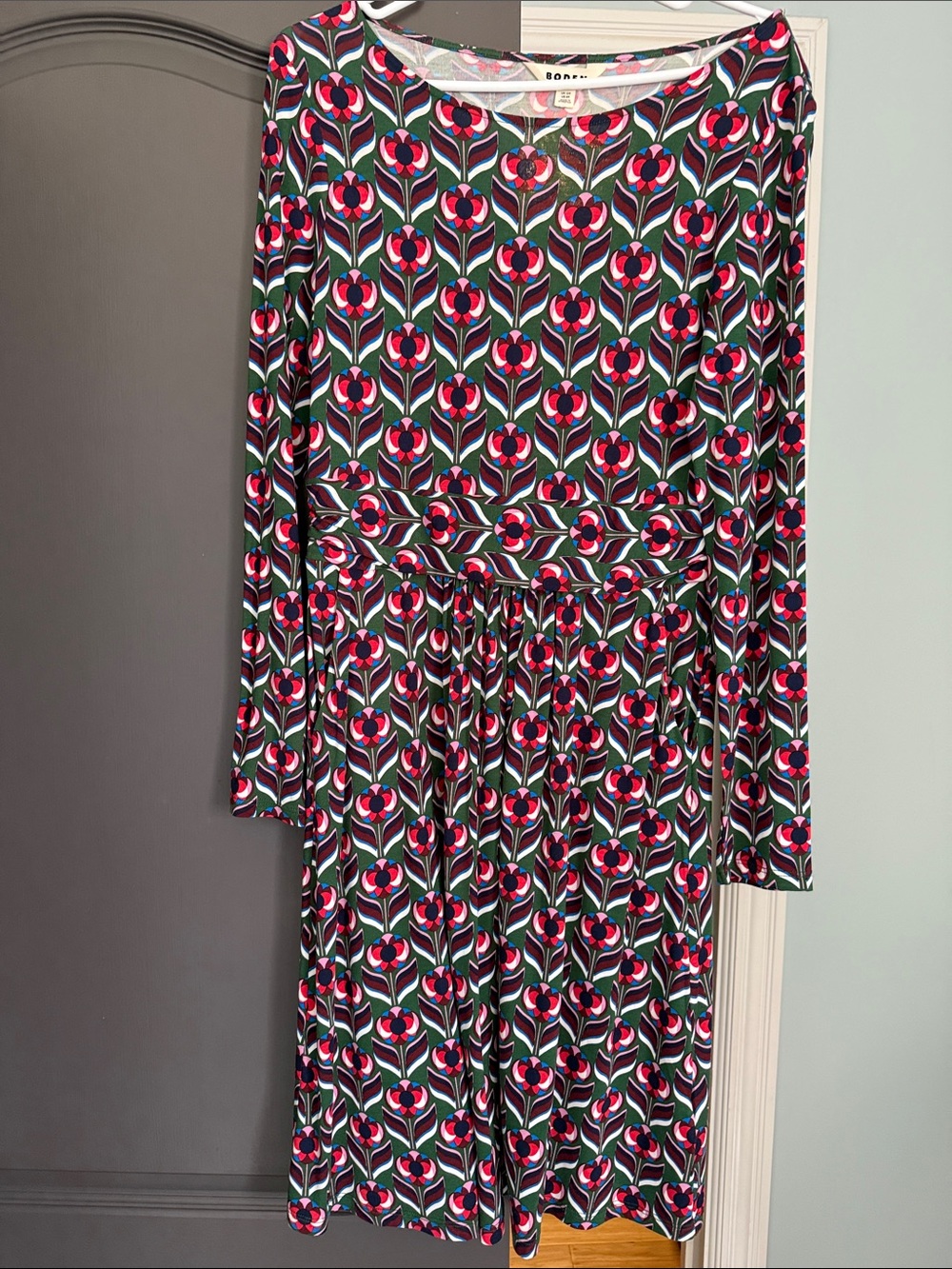 Boden Long-Sleeve Fit-and-Flare Dress — Pink, Green, Navy